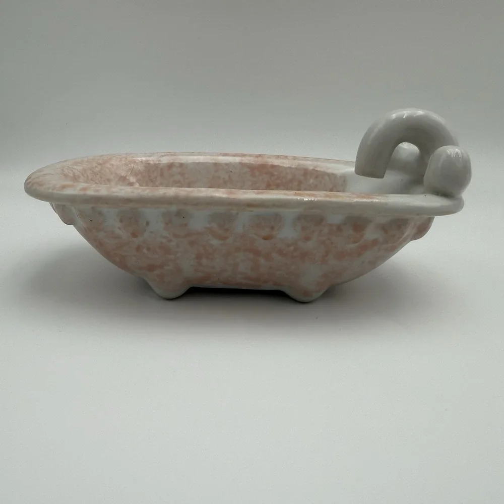 Vtg Ceramic Bathtub Pink Soap Sponge Dish Cottage Farmhouse Trinket & Shell Soap